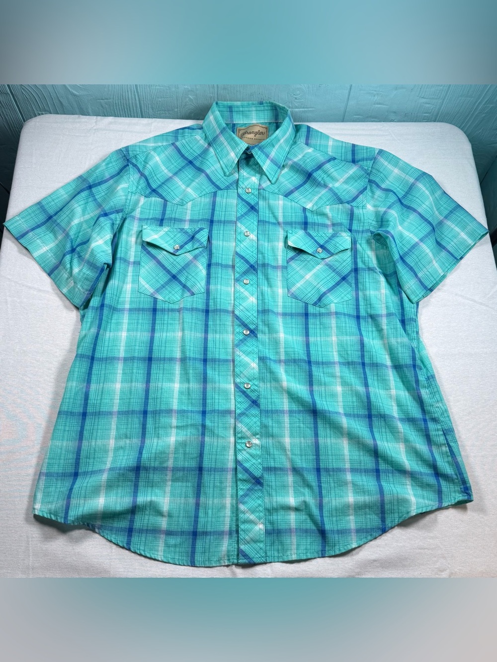 Wrangler Turquoise Plaid Western Pearl Snap Shirt XL Short Sleeve WM224TQ